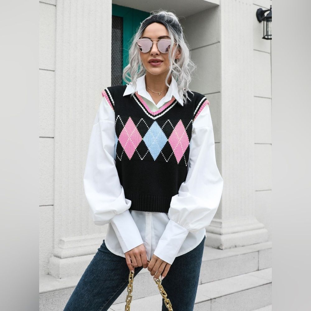 Carnation Pink, Blue, & Black Geometric V-Neck Sweater Vest